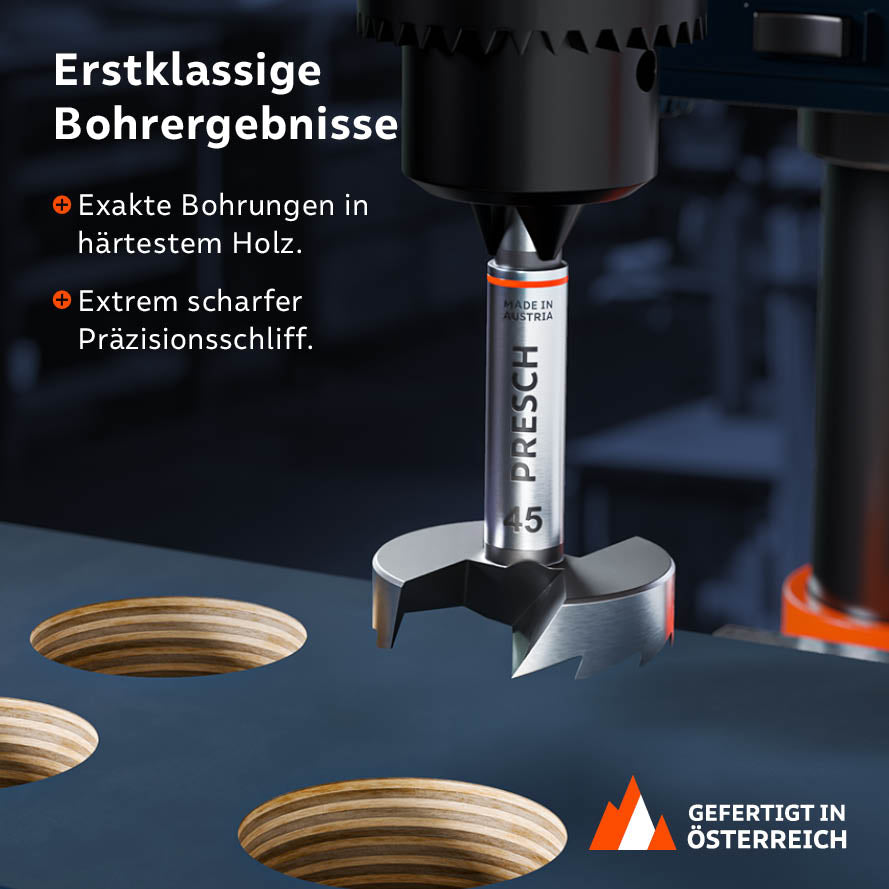 Erstklassige Ergebnisse mit der Standbohrmaschine: Exakte Bohrungen in härtestem Holz dank extrem scharfem Präzisionsschliff.