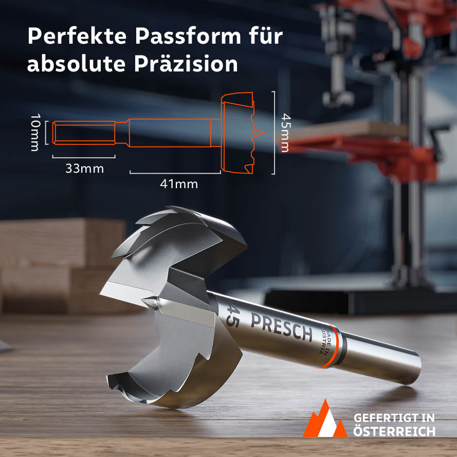 Produktabmessungen und Passform: Der 45mm Bohrer verfügt über einen 10mm Schaft (33mm Länge) und eine Nutzlänge von 41mm für absolute Präzision bei der Holzbearbeitung.