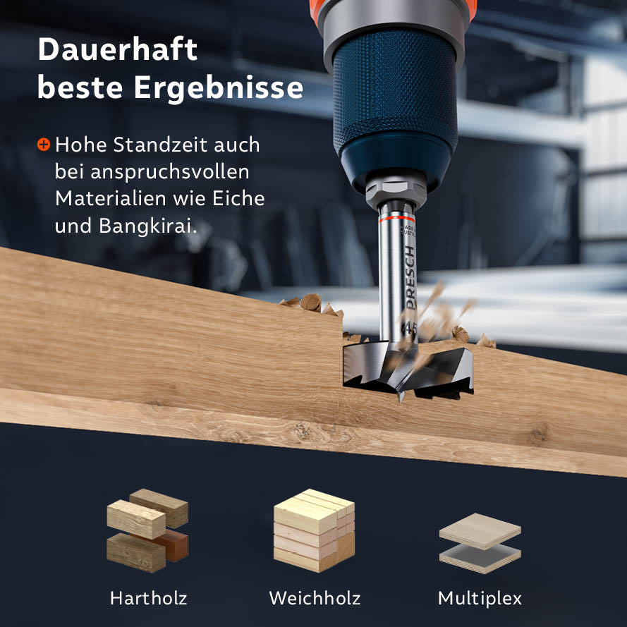 Höchste Standzeit; der Forstnerbohrer ist ideal für Hartholz (Eiche, Bangkirai), Weichholz und Multiplex.