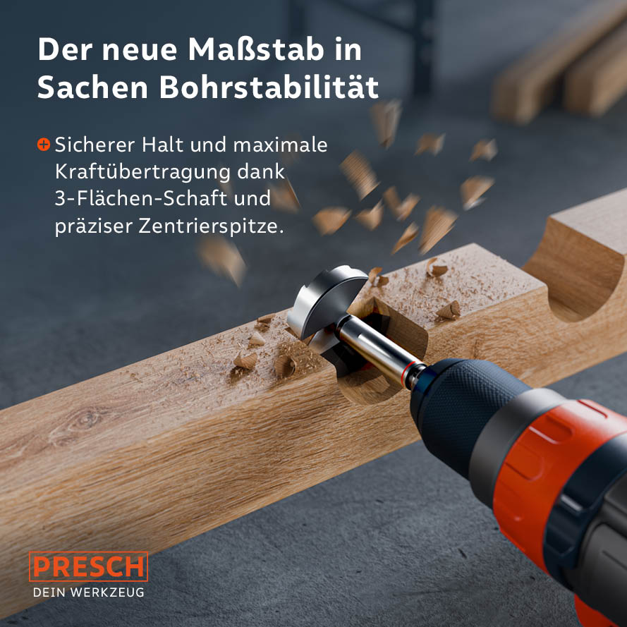 Präzisionsgeschliffene Zentrierspitze für kontrollierte Bohrerführung und fester Halt im Bohrfutter dank speziellem 3-Flächen-Schaft gegen Durchrutschen.