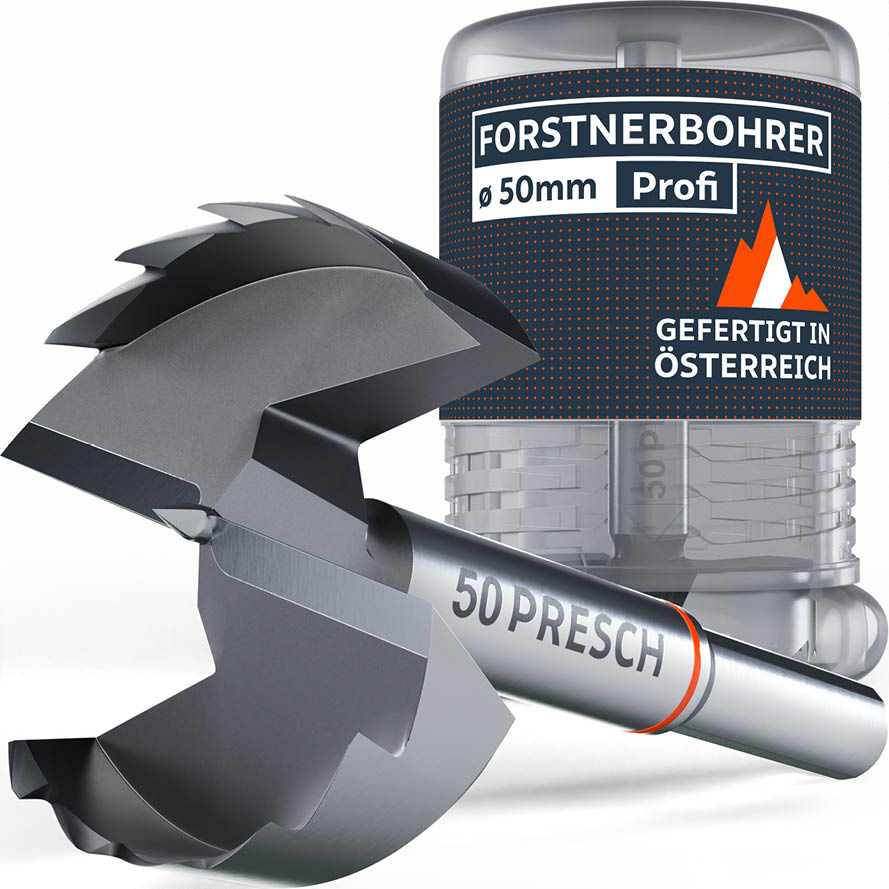 PRESCH Profi Forstnerbohrer 50mm – Hochwertiger Holzbohrer gefertigt in Österreich, inklusive robuster Aufbewahrungsbox aus Kunststoff.