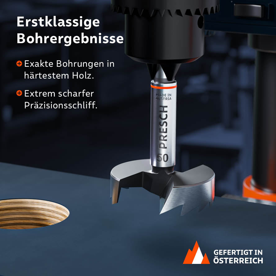 Erstklassige Ergebnisse mit der Standbohrmaschine: Exakte Bohrungen in härtestem Holz dank extrem scharfem Präzisionsschliff.