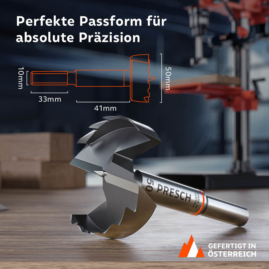 Produktabmessungen und Passform: Der 50mm Bohrer verfügt über einen 10mm Schaft (33mm Länge) und eine Nutzlänge von 41mm für absolute Präzision bei der Holzbearbeitung.