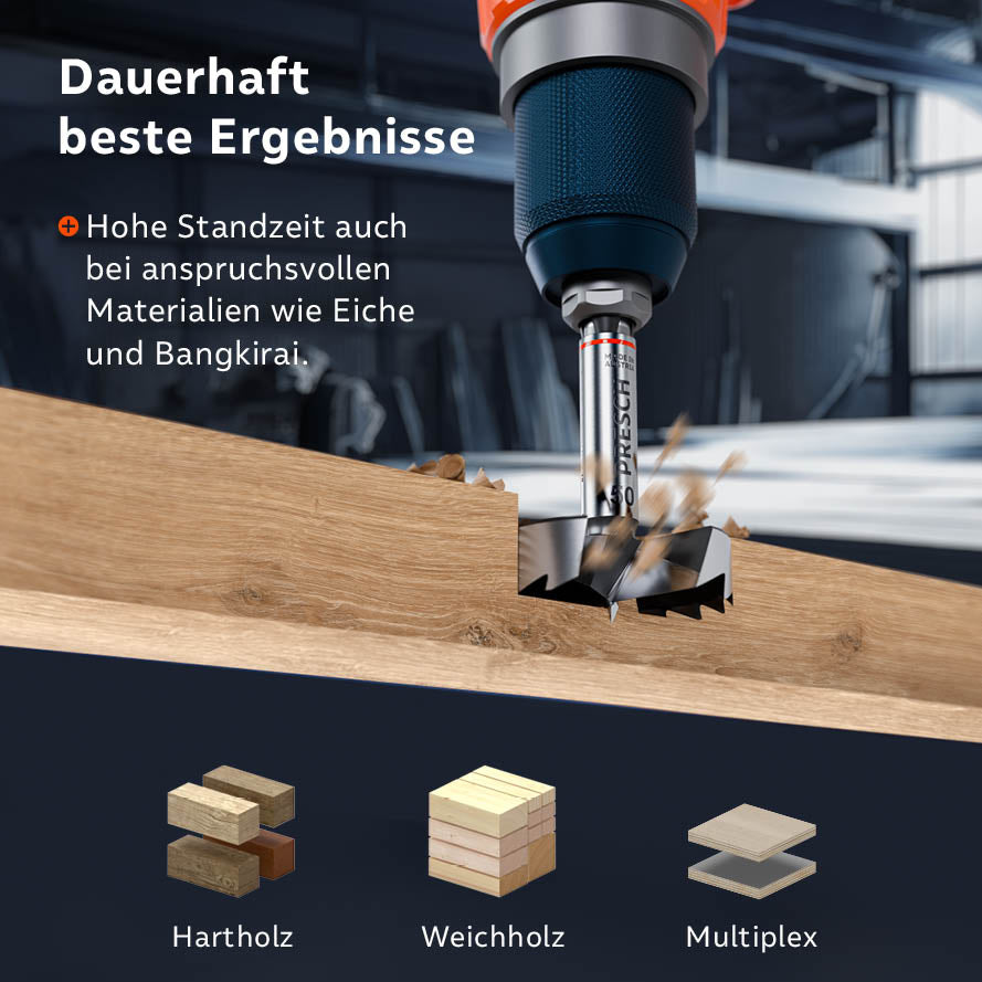 Höchste Standzeit; der Forstnerbohrer ist ideal für Hartholz (Eiche, Bangkirai), Weichholz und Multiplex.