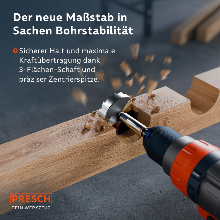 Präzisionsgeschliffene Zentrierspitze für kontrollierte Bohrerführung und fester Halt im Bohrfutter dank speziellem 3-Flächen-Schaft gegen Durchrutschen.