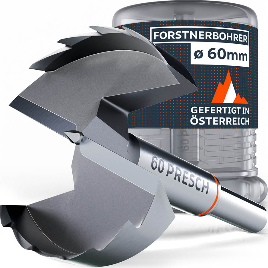 PRESCH Profi Forstnerbohrer 60mm – Hochwertiger Holzbohrer gefertigt in Österreich, inklusive robuster Aufbewahrungsbox aus Kunststoff.