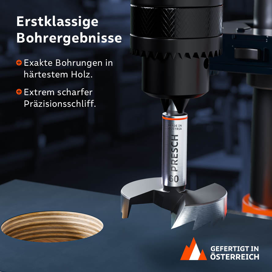 Erstklassige Ergebnisse mit der Standbohrmaschine: Exakte Bohrungen in härtestem Holz dank extrem scharfem Präzisionsschliff.