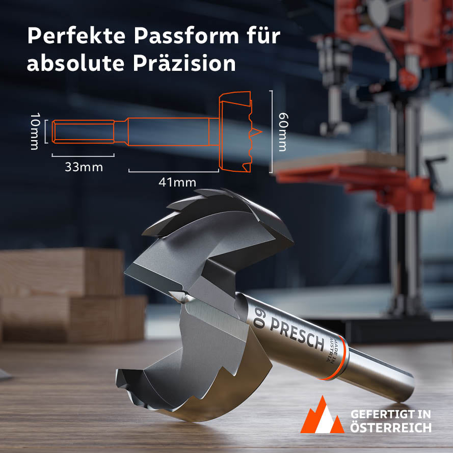 Produktabmessungen und Passform: Der 60mm Bohrer verfügt über einen 10mm Schaft (33mm Länge) und eine Nutzlänge von 41mm für absolute Präzision bei der Holzbearbeitung.