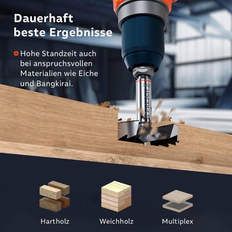 Höchste Standzeit; der Forstnerbohrer ist ideal für Hartholz (Eiche, Bangkirai), Weichholz und Multiplex.