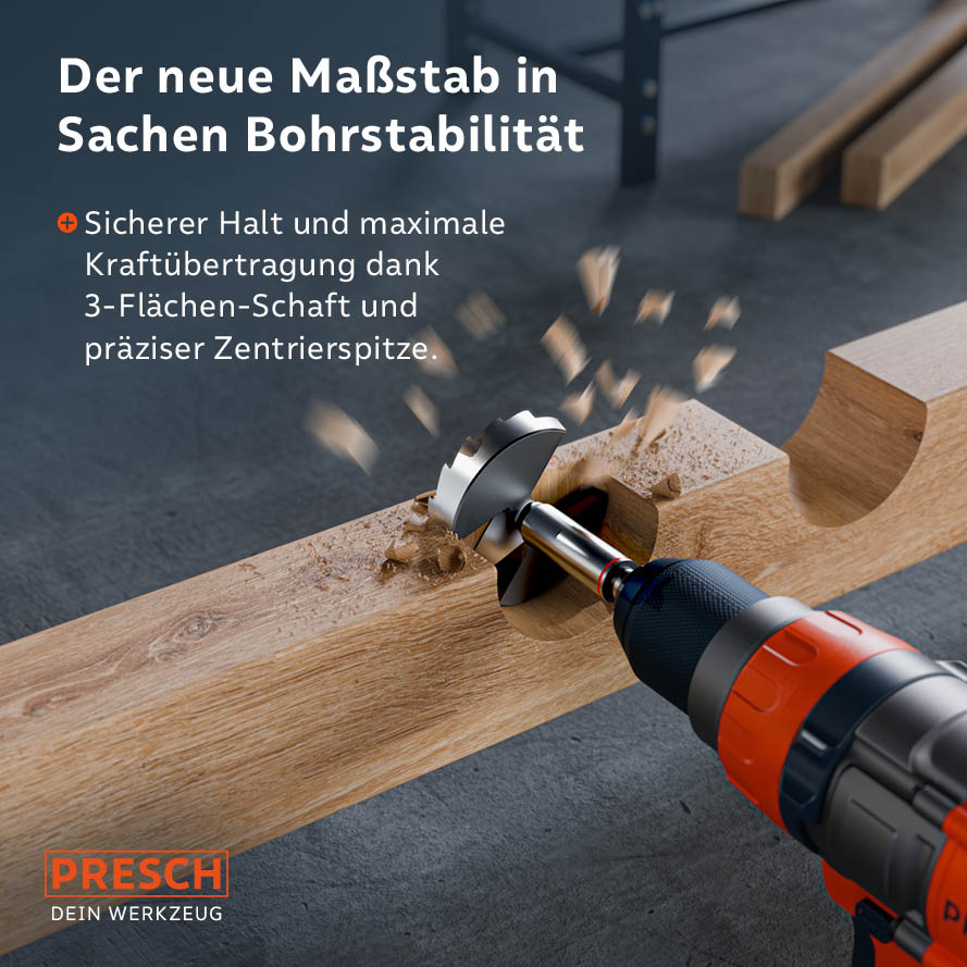 Präzisionsgeschliffene Zentrierspitze für kontrollierte Bohrerführung und fester Halt im Bohrfutter dank speziellem 3-Flächen-Schaft gegen Durchrutschen.