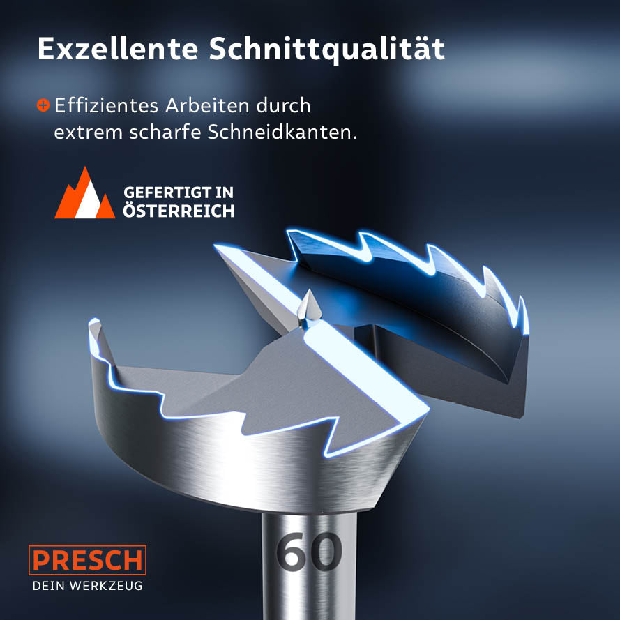 Vue détaillée de la mèche : des arêtes de coupe extrêmement tranchantes assurent un travail efficace et une excellente qualité de coupe du bois.
