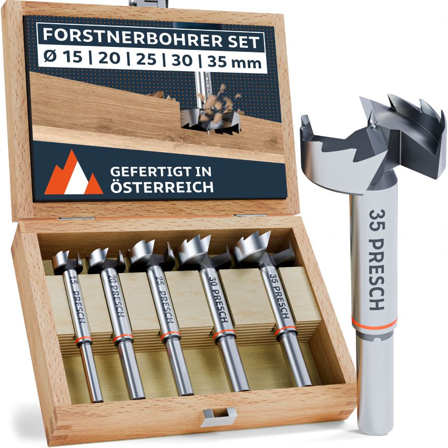 PRESCH Profi Forstnerbohrer Set 5-tlg. – Hochwertiges Set mit den Durchmessern 15, 20, 25, 30 und 35 mm in einer edlen Echtholz-Aufbewahrungsbox, gefertigt in Österreich.