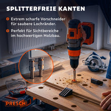 Scharfer Vorschneider setzt splitterfrei an einer Eichenplatte an, Späne fallen sichtbar ab.