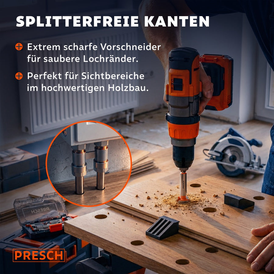 Scharfer Vorschneider setzt splitterfrei an einer Eichenplatte an, Späne fallen sichtbar ab.