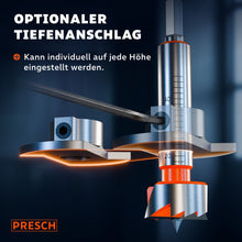 Verstellbarer Tiefenanschlag mit Skala und Schraube lässt sich auf jede Bohrtiefe einstellen.