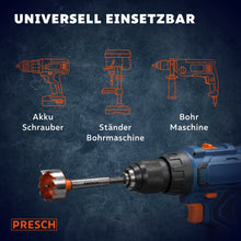 Symbole zeigen Akkuschrauber, Ständerbohrmaschine und Bohrmaschine als mögliche Antriebe.
