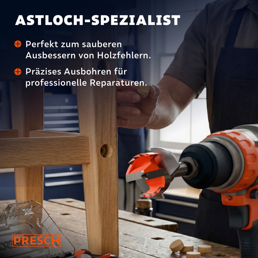 Handwerker bohrt ein Astloch sauber aus und hält den passenden Holzdübel zum Verschließen bereit.