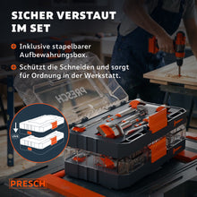 Aufgeklapptes Set liegt in der stapelbaren Box, die Fächer schützen die Schneiden jedes Bohrers.