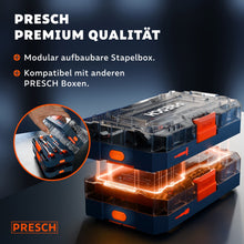 Zwei Aufbewahrungsboxen sind modular gestapelt und lassen sich mit weiteren PRESCH Boxen kombinieren.