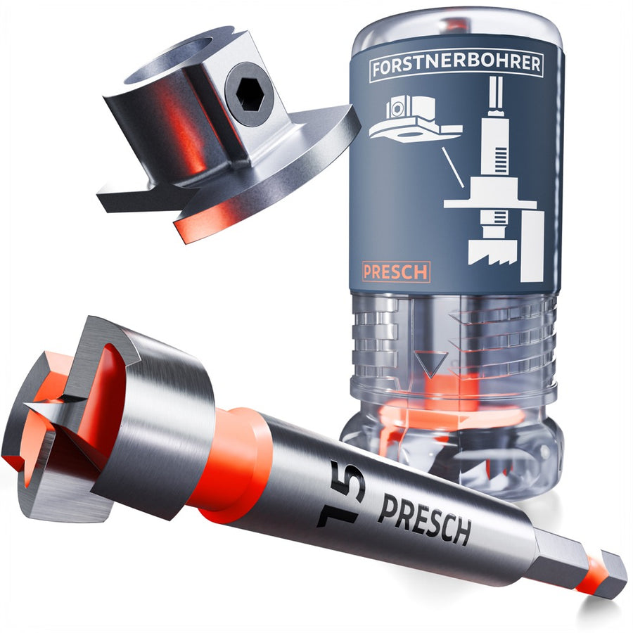 PRESCH Forstnerbohrer 15mm mit Tiefenstopp, Schneide und Verpackung freigestellt auf weißem Hintergrund.