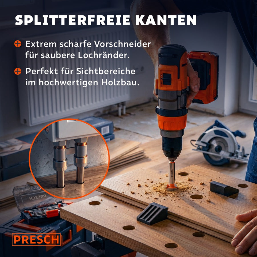 Akkuschrauber bohrt mit scharfem Vorschneider ein splitterfreies Loch in Holz.