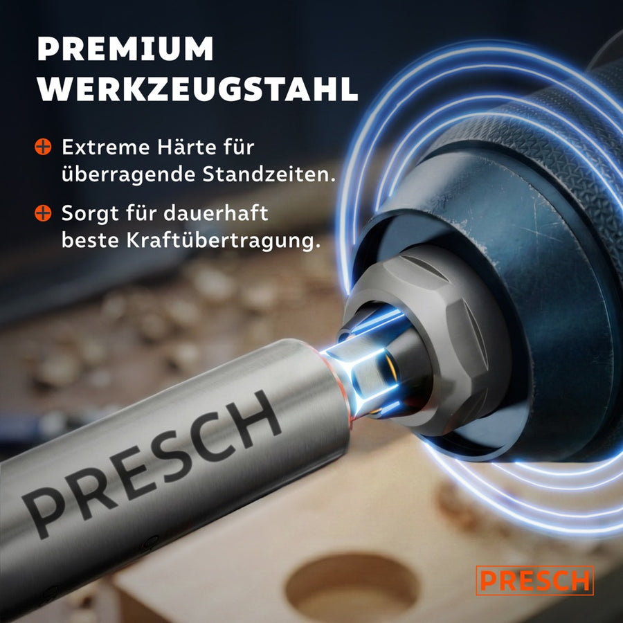 Nahaufnahme des Sechskantschafts beim Einspannen in ein Bohrfutter.