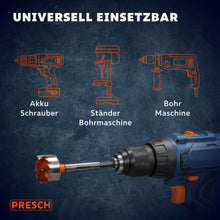 Symbole für Akkuschrauber, Ständerbohrmaschine und Bohrmaschine zeigen die universelle Einsetzbarkeit.