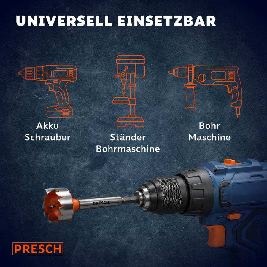 Symbole für Akkuschrauber, Ständerbohrmaschine und Bohrmaschine zeigen die universelle Einsetzbarkeit.