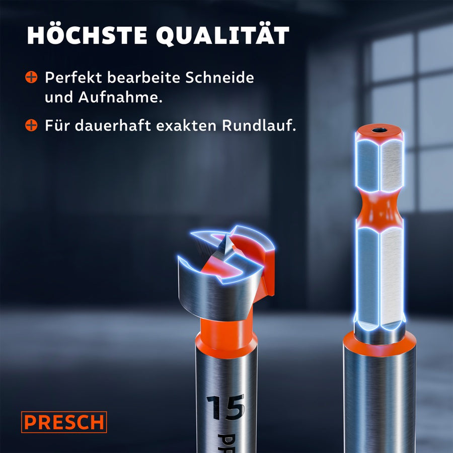 Nahaufnahme der Schneide und des Sechskantschafts mit Glüheffekt für exakten Rundlauf.