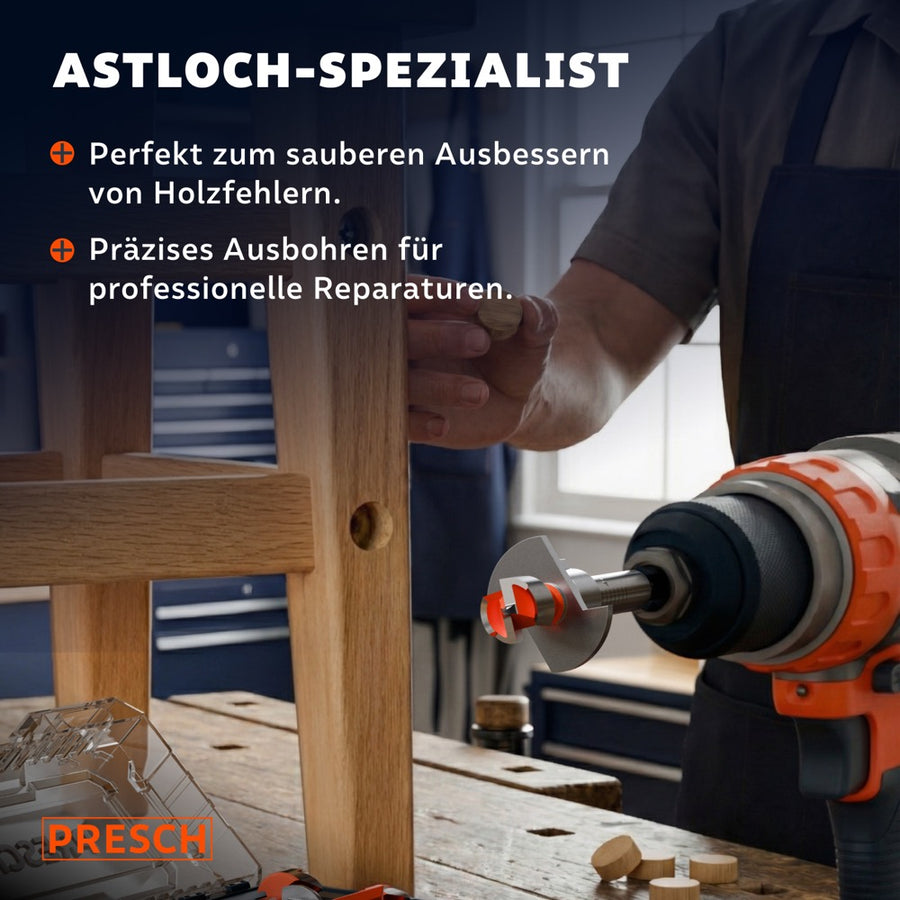 Handwerker bohrt ein Astloch aus einem Holzbein und bessert es mit einem Holzdübel aus.