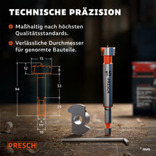 Technische Zeichnung mit Maßangaben neben dem Forstnerbohrer und passendem Inbusschlüssel.