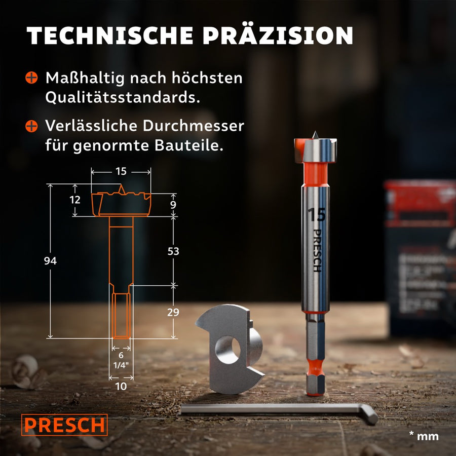 Technische Zeichnung mit Maßangaben neben dem Forstnerbohrer und passendem Inbusschlüssel.