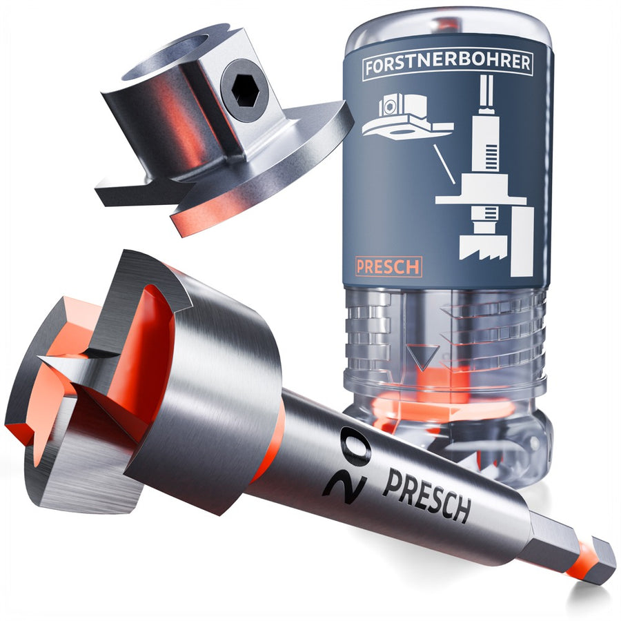 PRESCH Forstnerbohrer 20mm mit Tiefenstopp, Schneide und Verpackung freigestellt auf weißem Hintergrund.