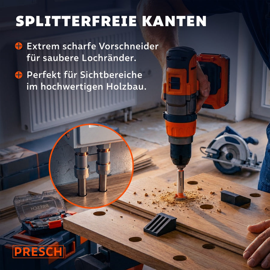 Akkuschrauber bohrt mit scharfem Vorschneider ein splitterfreies Loch in Holz.