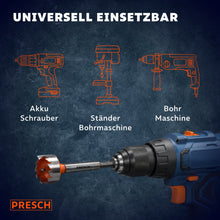 Symbole für Akkuschrauber, Ständerbohrmaschine und Bohrmaschine zeigen die universelle Einsetzbarkeit.