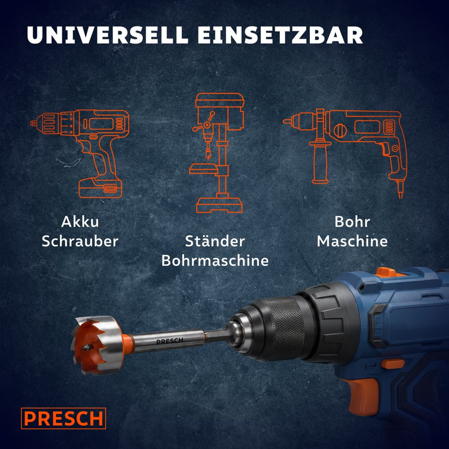 Symbole für Akkuschrauber, Ständerbohrmaschine und Bohrmaschine zeigen die universelle Einsetzbarkeit.