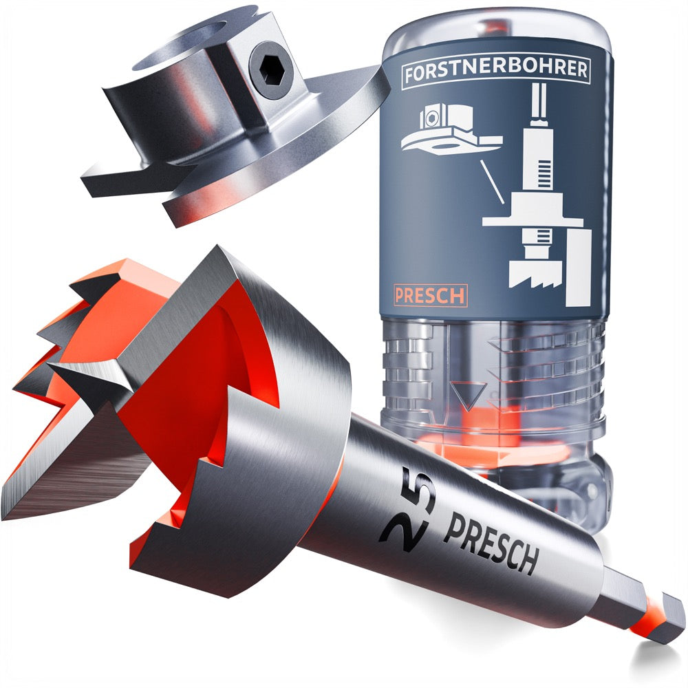 3D-Modell des PRESCH Forstnerbohrers 25 mm mit Tiefenstopp, frei drehbar