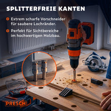 Akkuschrauber bohrt mit scharfem Vorschneider ein splitterfreies Loch in Holz.