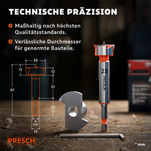Technische Zeichnung mit Maßangaben neben dem Forstnerbohrer 25mm und passendem Inbusschlüssel.