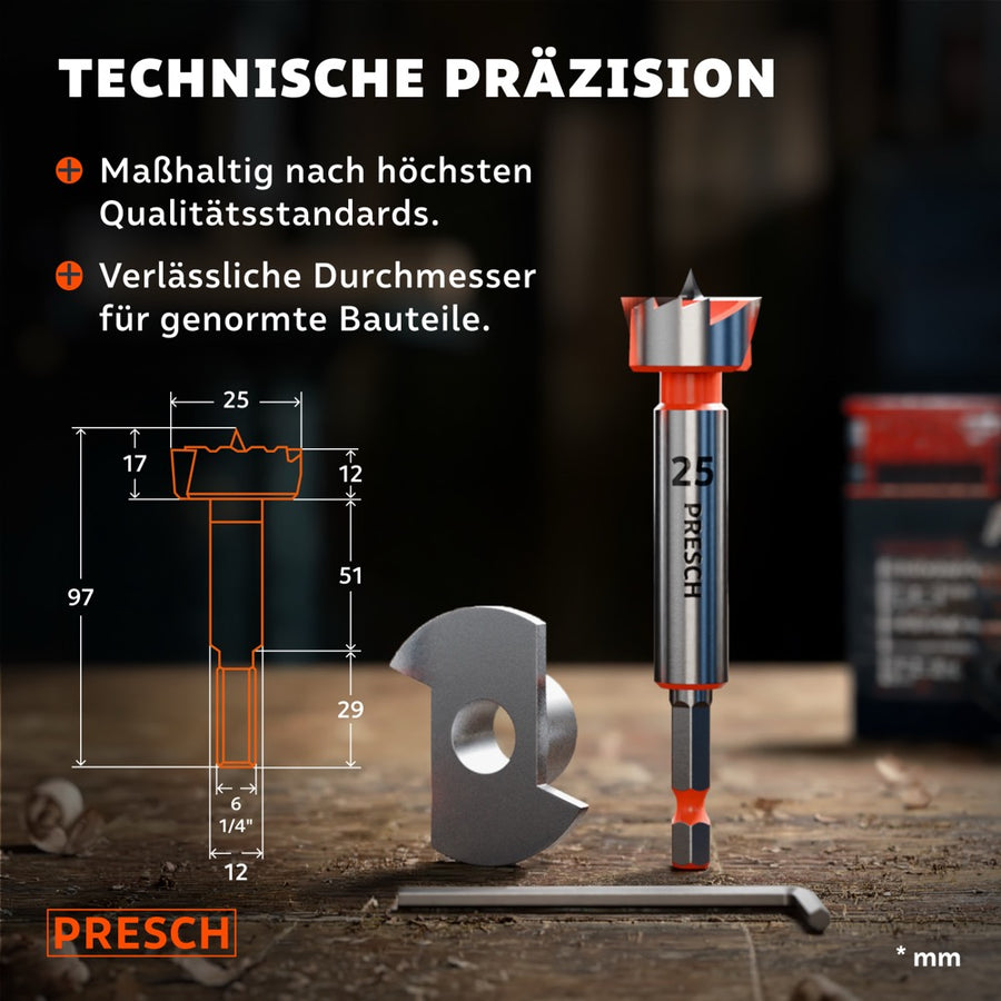 Technische Zeichnung mit Maßangaben neben dem Forstnerbohrer 25mm und passendem Inbusschlüssel.