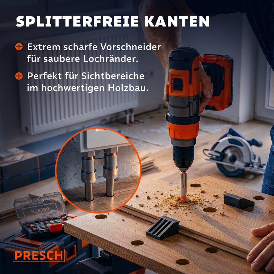 Akkuschrauber bohrt mit scharfem Vorschneider ein splitterfreies Loch in Holz.
