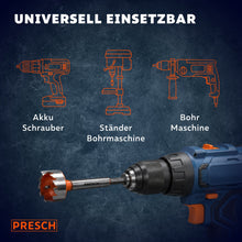 Symbole für Akkuschrauber, Ständerbohrmaschine und Bohrmaschine zeigen die universelle Einsetzbarkeit.