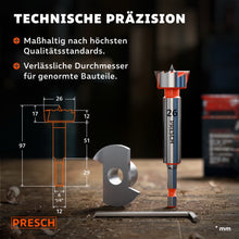 Technische Zeichnung mit Maßangaben neben dem Forstnerbohrer 26mm und passendem Inbusschlüssel.