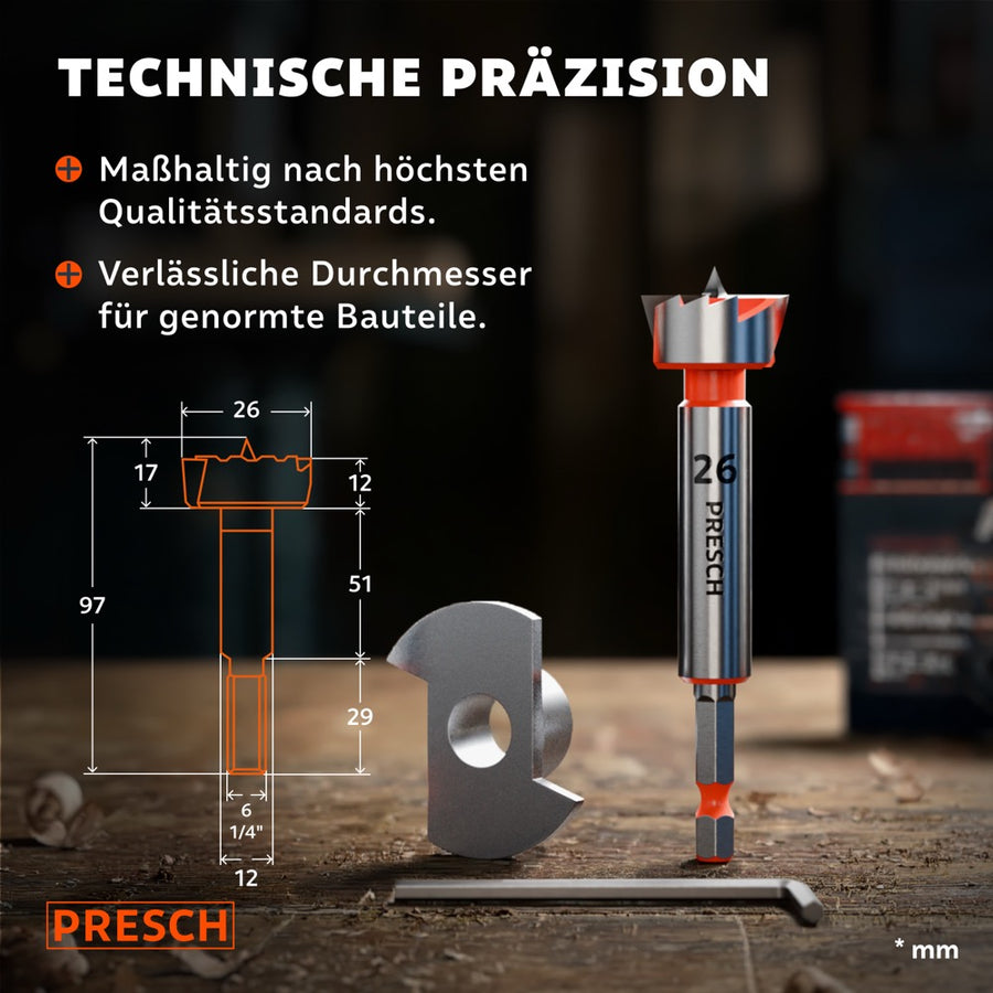 Technische Zeichnung mit Maßangaben neben dem Forstnerbohrer 26mm und passendem Inbusschlüssel.