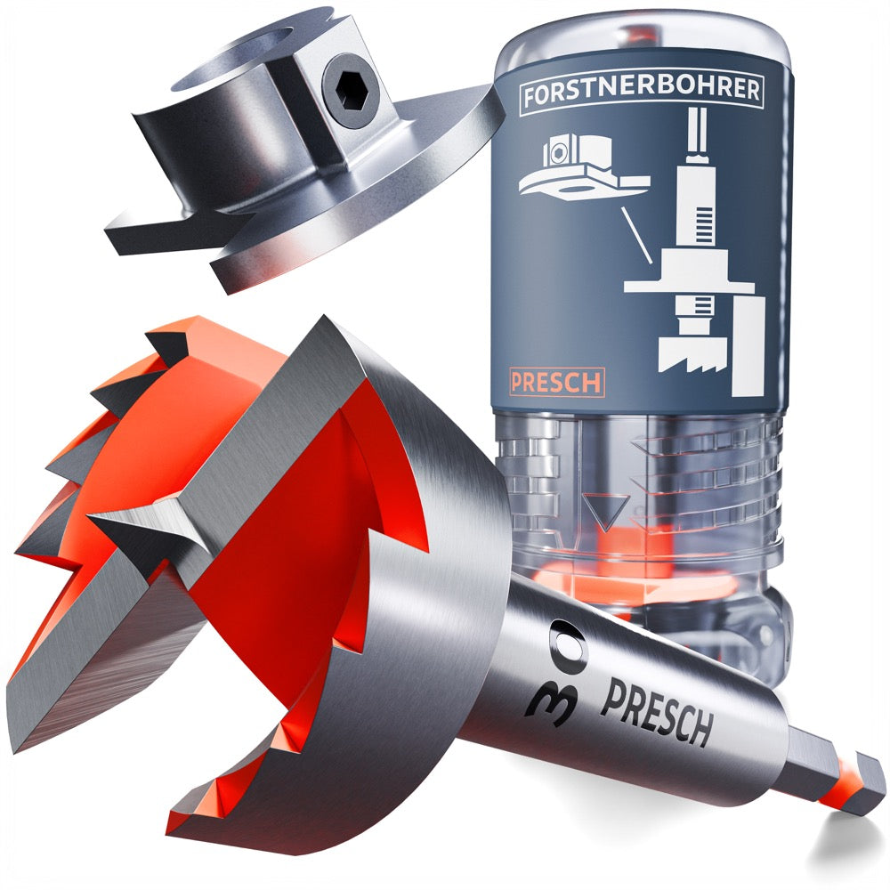 PRESCH Forstnerbohrer 30mm mit Tiefenstopp, Schneide und Verpackung freigestellt auf weißem Hintergrund.