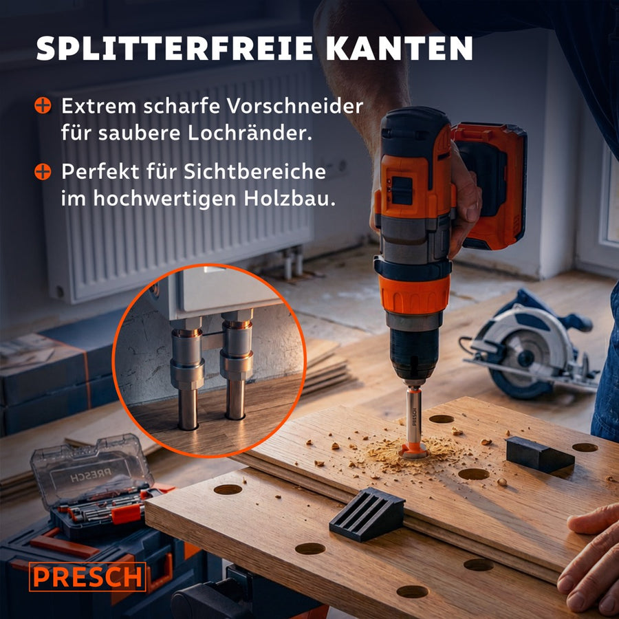 Akkuschrauber bohrt mit scharfem Vorschneider ein splitterfreies Loch in Holz.