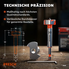 Technische Zeichnung mit Maßangaben neben dem Forstnerbohrer 30mm und passendem Inbusschlüssel.