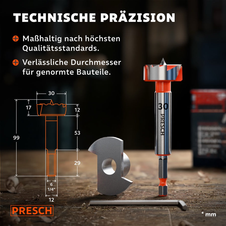 Technische Zeichnung mit Maßangaben neben dem Forstnerbohrer 30mm und passendem Inbusschlüssel.