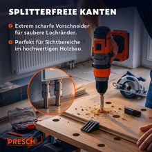 Scharfer Vorschneider setzt splitterfrei an einer Eichenplatte an, Späne fallen sichtbar ab.