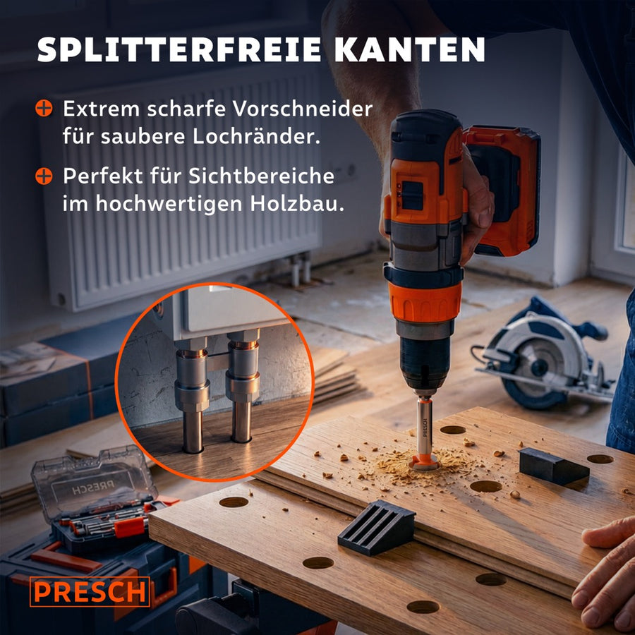 Scharfer Vorschneider setzt splitterfrei an einer Eichenplatte an, Späne fallen sichtbar ab.